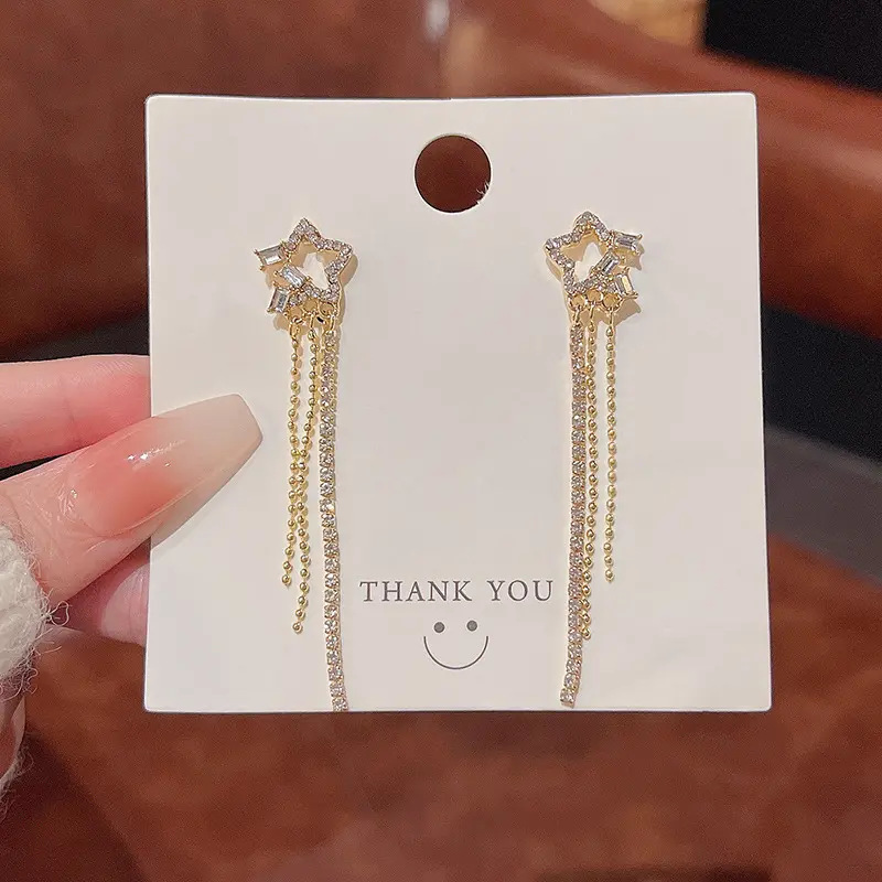 Trendy S925 Silver Needle Tassel Women's Earrings Jewelry Elegant Star Full Rhinestone Crystal Long Tassel Earrings