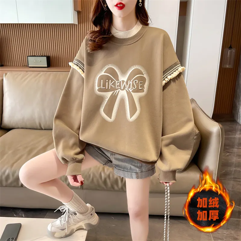 Sleeve stitching design lace spring and autumn new sweet wind plus velvet round neck hoodie women's bow print loose top