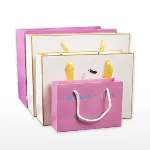Bolsa de papel de compras con asa de cinta, embalaje de cosméticos personalizado de Color rosa melocotón, Boutique de moda de lujo, venta al por mayor