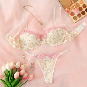 Sexy Customized Lace Daisy See-Through Two Pieces Lingerie Set Underwire Push Up Bra And Thong Set
