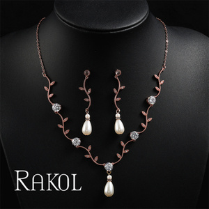 RAKOL SP3587 perle pendentif collier boucles d'oreilles 2023 AAA zircone feuille conception véritable plaqué or ensemble de bijoux - Product Image 6