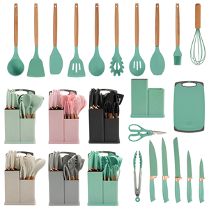 High Quality 19 Piece <b>Silicone</b> Kitchen Utensil Set With Wooden Handle and Cuttings Board Storage Bucket Kitchen Gadget Set - Product Image 4