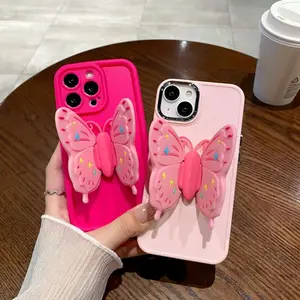 Cute Fashion Girls Design Butterfly Holder Phone Case Soft Protect Capa Para iPhone 15 14 plus 13 12 mini 11 pro max XS XR