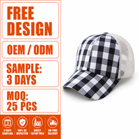 Topi Bisbol Trucker Kotak-kotak Hitam Putih Unisex, Topi Snapback Bermotif Kotak-kotak dengan Jaring di Belakang, Pelindung Matahari untuk Olahraga Kasual