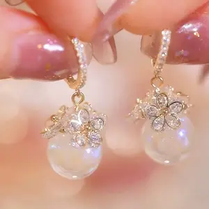 水晶锆石珍珠耳环Pendientes De Perlas Dangle水滴时尚水钻女饰品派对配饰