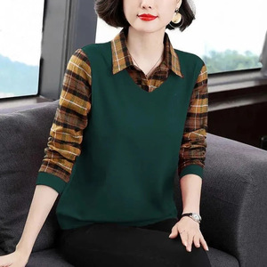 Women's Plus Size Long Sleeve <b>Patchwork</b> T-<b>Shirt</b> V-Neck Loose Fit Autumn Mother Wear Green Plaid Polo Collar Top - Product Image 4