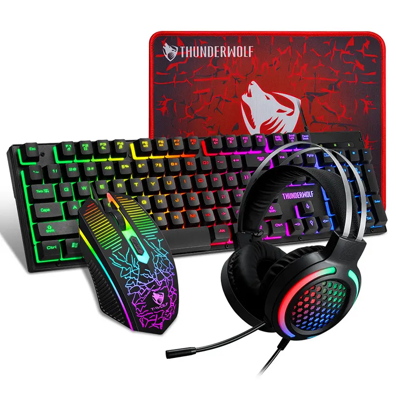 T-Wolf TF400 Factory Supply High sensitivity colorful backlit Metal Keyboard headset And Mouse 4 In 1 Combo set