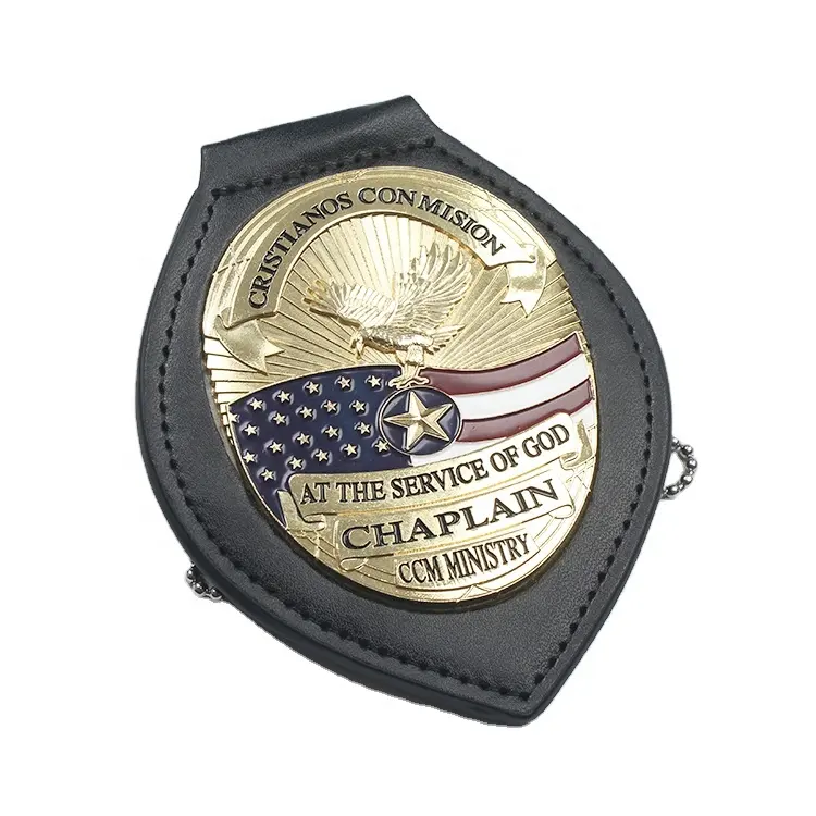 Distintivi di Chaplain con supporto in vera pelle con Logo in metallo goffrato 3D personalizzato con catena