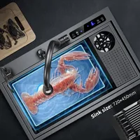Évier de cuisine ultrasonique grand format en acier inoxydable fait main, design tropical, installation sur comptoir, multifonctionnel pour fruits