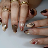 Faux ongles vintage Meila-de Cat-eye en amande à presser, avec cadre doré et fleurs 3D en strass, en acrylique, pour rendez-vous, banquets et goûters.