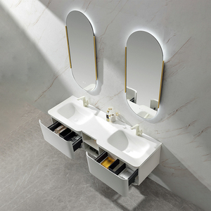 Meubles de salle de bain modernes en bois massif imperméable avec finition peinture PVC, double vasque et miroir pour hôtel et appartement - Product Image 2