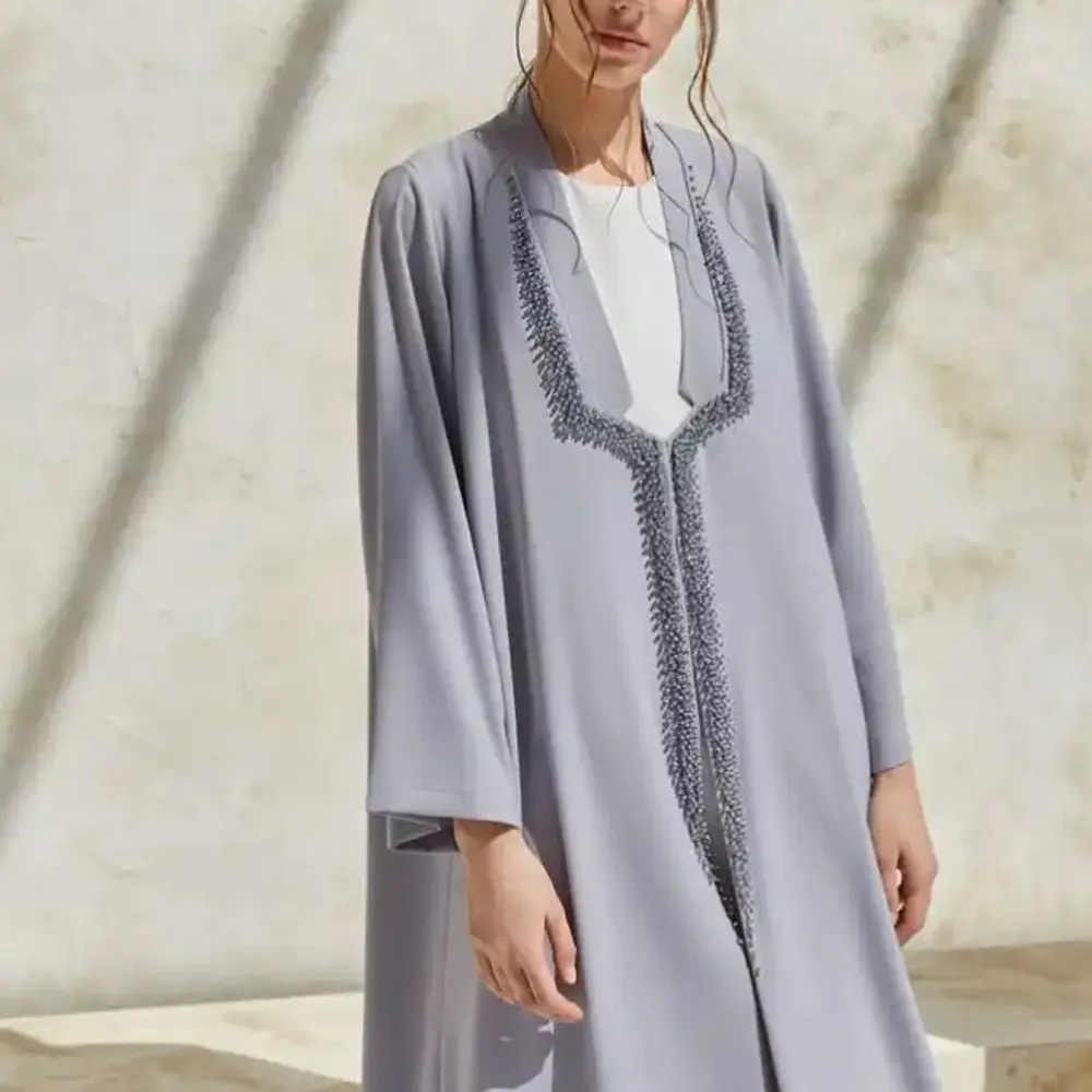 Hồi giáo cầu nguyện bán buôn quần áo EID Bộ sưu tập màu Xám hạt thêu thanh lịch hồi giáo cao cấp nida abaya