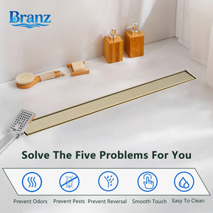 Drain de <span class=keywords><strong>douche</strong></span> linéaire rectangulaire moderne en acier inoxydable doré brossé, personnalisé en usine, avec couvercle à insert de carrelage plat pour salle de bain et hôtel - Product Image 1