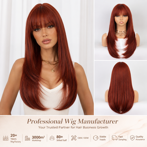 Perruque synthétique longue et droite rouge auburn pour <span class=keywords><strong>femme</strong></span>, <span class=keywords><strong>avec</strong></span> <span class=keywords><strong>frange</strong></span> complète, résistante à la chaleur, sans colle, naturelle et ajustable – Fournisseur d'usine - Product Image 1