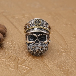 Bague pour homme en argent sterling 925, style gothique unique, hip-hop, rock, punk, crâne, officier, pirate, capitaine - Product Image 3