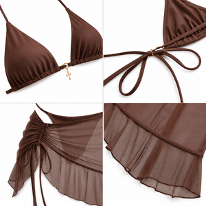 Red <b>Triangle</b> <b>Bikini</b> Swimsuit <b>Set</b> Sheer Wrap Skirt Beachwear Swimwear for Women - Product Image 3