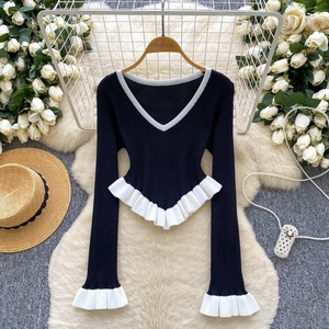 Suéter de Poliéster a Rayas de Estilo Europeo Americano, con Dobladillo con Volantes, Manga Campana, Corte Ajustado, Prenda Exterior de Otoño - Product Image 6