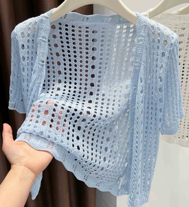 2025 nuovo Design Cardigan in maglia sottile traforata giacca da donna scialle maglieria stile spiaggia - Product Image 1