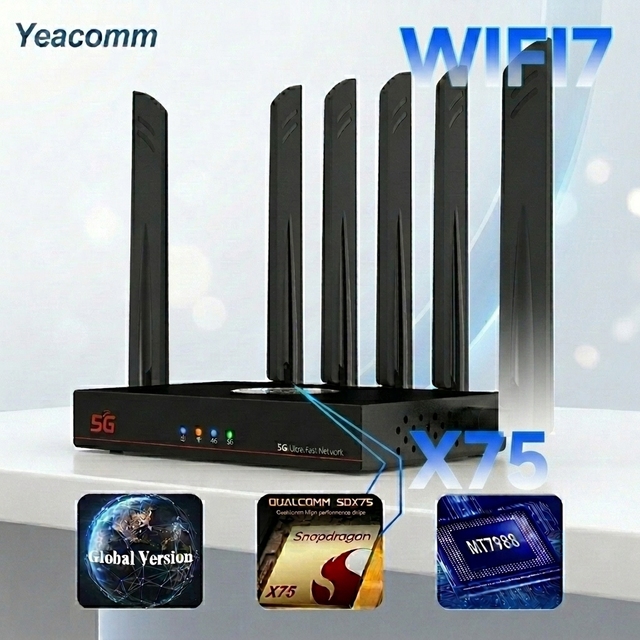 Yeacomm NR820E Ultra 5G CPE Wi-Fi 7 BE5000 Router Qualcomm SDX75 MT7988 Mesh Wireless Router with 2.5G WAN Port IP30 5G Router