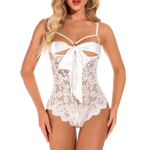 Body sexy feminino com recorte branco sem costas, lingerie de bebê de pelúcia floral de renda, lingerie de pelúcia de peça única