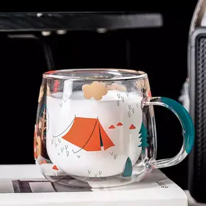 Taza de café encantadora con estampado de vidrio de doble pared con asa taza de vidrio de doble pared transparente de alto valor de color