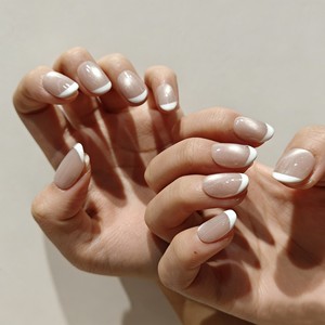 Kuku Palsu Muhaha Trend Brand Push-On Pendek Desain French Cat Eye Bahan PMMA/ABS dengan Lem 10pcs - Product Image 1