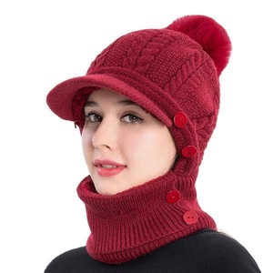 Bonnet tricoté torsadé pour femme avec <span class=keywords><strong>masque</strong></span> facial amovible et cache-cou, bonnet d'hiver à pompon avec visière - Product Image 1