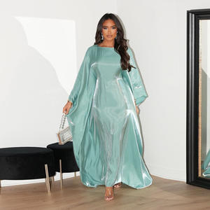 Robe Longue D'Été Élégante Col <span class=keywords><strong>V</strong></span> pour Femmes Musulmanes Afghanes Moyen-Orient Manches Longues Soie Brillante Satin Style Abaya Décontracté - Product Image 3