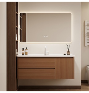 Walnut Colored MDF Integrated Basin Eco-Friendly Durable Intelligent Mirror Waterproof Wall-Mounted <b>Bathroom</b> <b>Cabinet</b> - Product Image 1