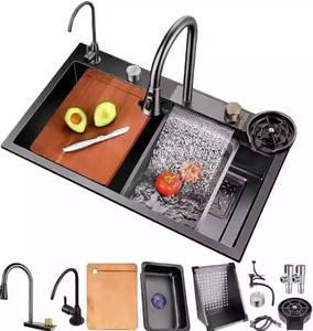 Feiyu طقم حوض كامل مصنوع يدويًا من الفولاذ المقاوم للصدأ فتحة واحدة حوض أطباق شلال 4 صنبور مطبخ سميك من قرص العسل - Product Image 5