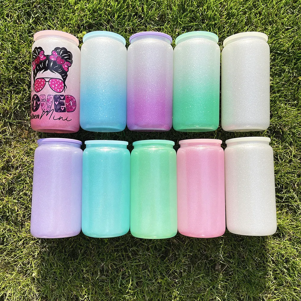 Neue RTS 16oz leere Sublimation solide Ombre Luxus glatten Glitzer Mischfarbe Bierglas dose mit BPA-freien Kunststoff deckeln für Heimwerker