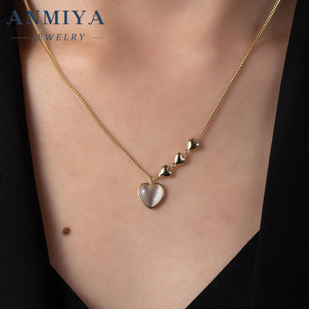 ANMIYA Silver Designer Minimalist 925 Sterling Silver Necklace Chalcedony  Heart 18k Gold Fashion Jewelry Necklace for Girlfriend