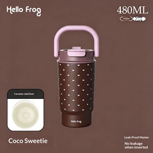 Women Stylish <b>Large</b> Handheld Insulated Coffee <b>Mug</b> Ceramic Liner Dual Drink Straw Water Bottle - Product Image 2