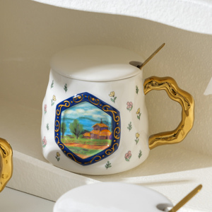 Tasse à café en grès céramique 390 ml, décorée par un peintre à l'huile vintage, idéale pour la Saint-Valentin - Product Image 2