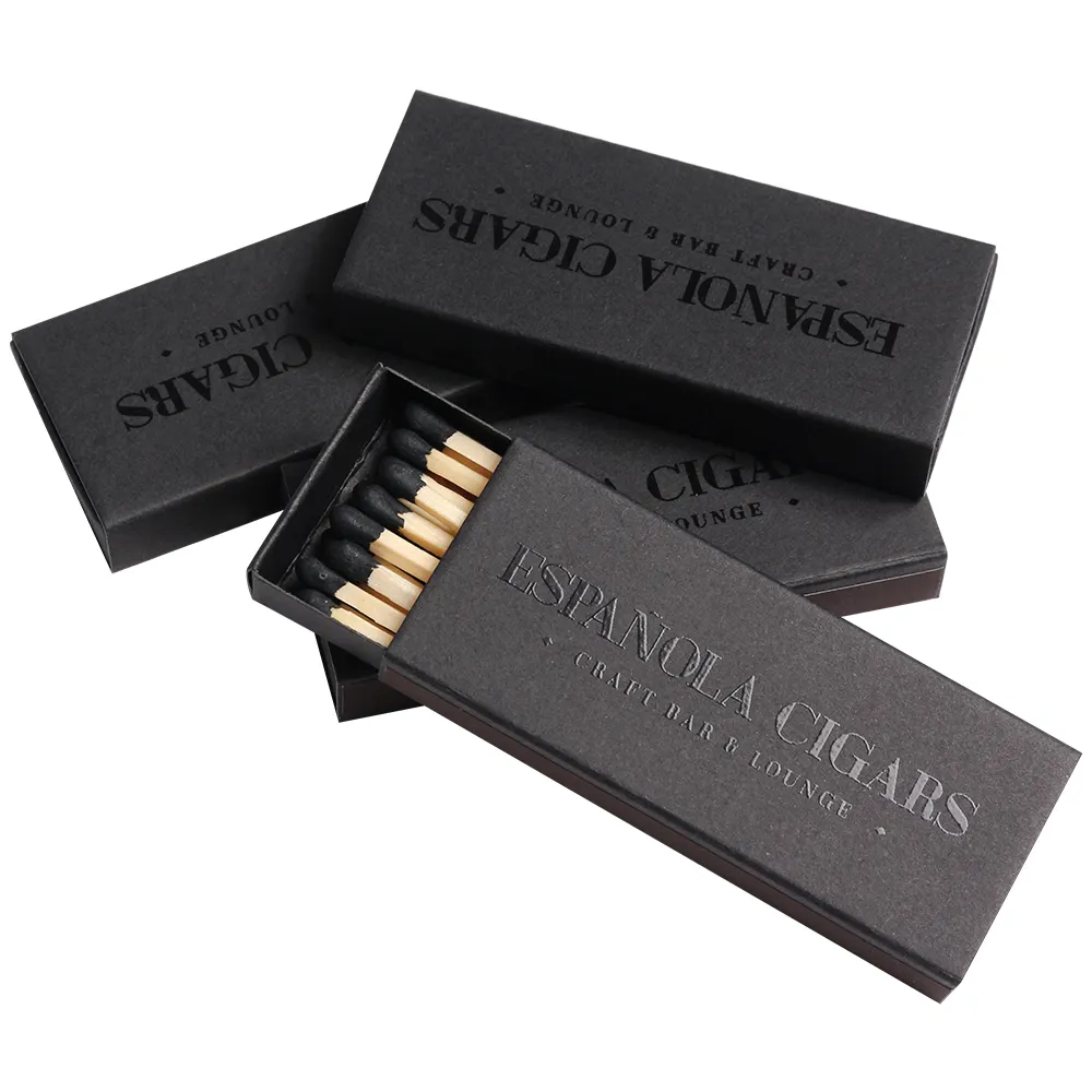 Embalagem de caixa de fósforos de cor reutilizável de luxo, caixa de fósforos preta personalizada vazia, extremidade da trilha