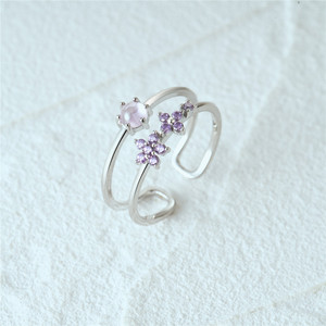CANNER Bague double couche en argent sterling 925 avec fleurs empilées, zircon rose et fleur violette, ajustable, pour filles, cadeau, bijoux fins - Product Image 4