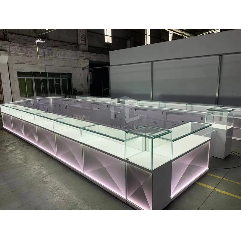 सुरुचिपूर्ण आभूषण प्रदर्शन शोकेस अनुकूलित ग्लास आभूषण दुकान काउंटर डिजाइन शोकेस गुलाबी आभूषण मॉल कियोस्क डिस्प्ले कैबिनेट
