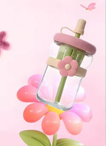 Bouteille d'eau en verre 500 ml motif fleur mignonne avec filtre, tasse à boisson froide, tasse à café avec couvercle, tasse à jus avec paille, tasse de voyage portable - Product Image 5