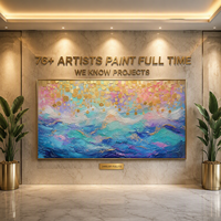 Peinture à l'huile texturée en bas-relief, motif goutte d'eau et vague, bleu sarcelle, rose et or, avec cadre doré, pour mur d'accentuation de hall d'hôtel de luxe, personnalisable en gros