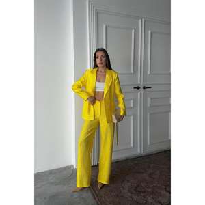 Conjunto de traje de pana amarillo neón para mujer con chaqueta con cinturón y pantalones de pierna ancha para oficina o fiesta - Product Image 6