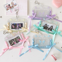 Porte-cartes photo horizontal transparent de 3 pouces, pendentif carte aile d'ange Kawaii avec nœud en ruban DIY, breloque de sac pour Kpop et carte d'identité étudiante