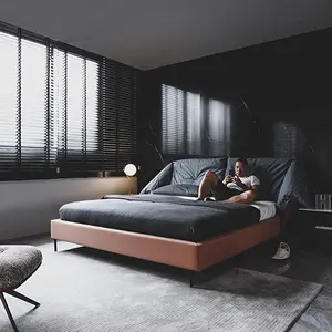 Italian light luxury style large backrest head layer matte leather master bedroom 1.8m double bed luxury furniture bedroom