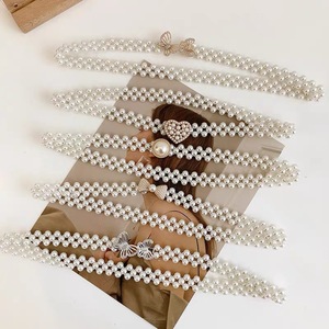 New White Pearl Bead Chain Elastic Rhinestone Belt Butterfly Buckle For Women Dress - Product Image 4