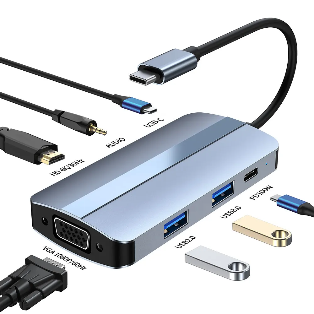 ARK aluminum alloy 7 in 1 usb c hub USB3.0/2.0 HDTV+PD charging audio VGA usb 3.0 type c hub laptop docking station for macbook