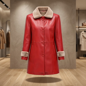 Abrigo de Piel Genuina Roja para Mujer, con Cuello y Puños de Piel Larga, Chaqueta de Invierno de Un Solo Pecho - Product Image 2