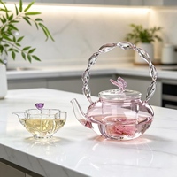 Bouilloire en verre borosilicate torsadé rose, design papillon, épaissie, ensemble théière et bouilloire 700 ml, best-seller