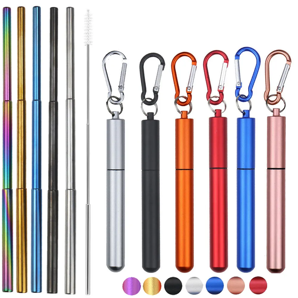 Reusable straws telescopic metal drinking straw collapsible portable stainless steel straw sets self defence keychain