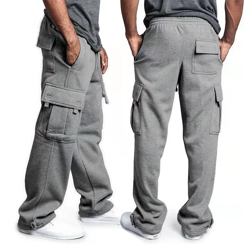 Gray Oversized 6 Pockets Sweatpants Custom Men Cargo Pants Street Straight Stacked Joggers Men