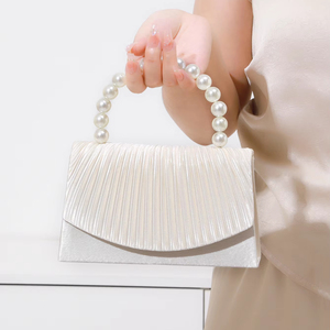 Bell Luxury High Quality Square Satin Evening <b>Clutch</b> Bag Pearl Pleated Design for Women's Elegant <b>Wedding</b> Fashion Handbag - Product Image 1