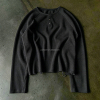 T-shirt thermique à manches longues en coton gaufré personnalisé pour homme, style streetwear, col Henley